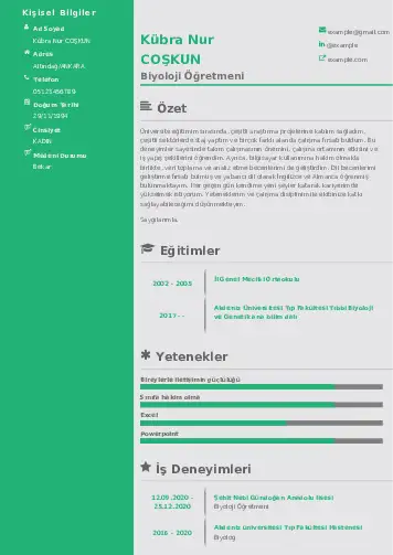 Biyoloji Öğretmeni CV Örnekleri cv indir